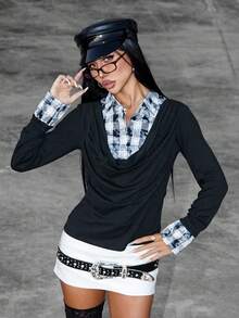 INAWLY Spring Fashion New Commuting Street Y2K Plaid Patchwork 2 In 1 Women Top - Black - View 3