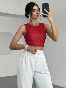 Firerie Women's Apricot Crew Neck Sleeveless Backless T-Shirt Top, Textured Fabric Top, Summer Top, Women's Casual Vacation Top - Red - View 4