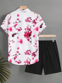 Manfinity Swimmode 印花短袖纽扣衬衫短裤套装，休闲款 - 彩色 - 查看 4