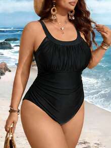 Swim Lushoire Áo tắm liền thân cỡ lớn, vải đen trơn phối lưới, phong cách tối giản và thanh lịch kiểu châu Âu. - màu đen - Xem 4