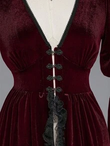 ROMWE SpringGothic Elegant Palace Style Deep V-Neck High Slit Oversized Bell Sleeve Lace & Velvet Patchwork Fitted Jacket - Burgundy - View 3