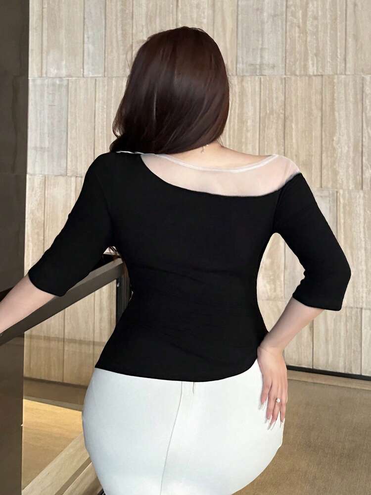 Contrast Color Block 3D Floral Decor Asymmetric Neck Fitted Cropped Sexy Black T-Shirt Off The Shoulder