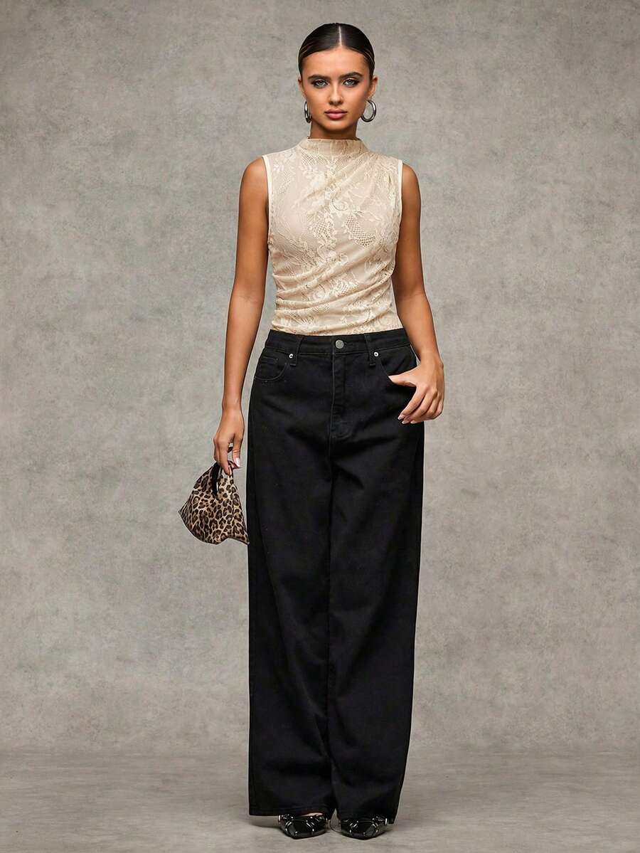 SHEIN BAE Black Lace Sleeveless Open Shoulder Ruched Bodysuits, Autumn, Halloween - Apricot - View 1