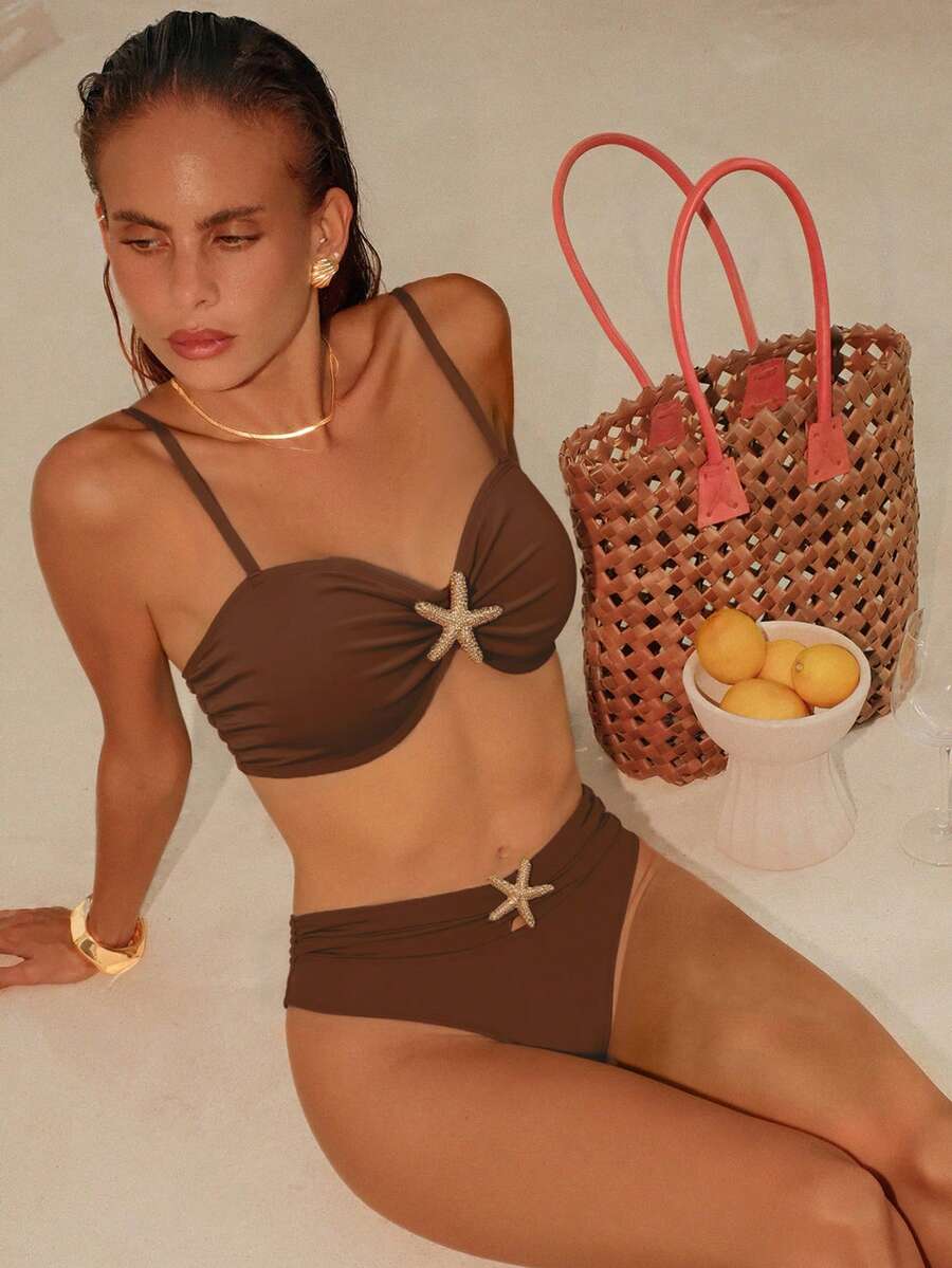 Swim Vcay Conjunto de traje de baño sexy de tela brillante con decoración de estrella de mar, para vacaciones en la playa - Marrón - Ver 1