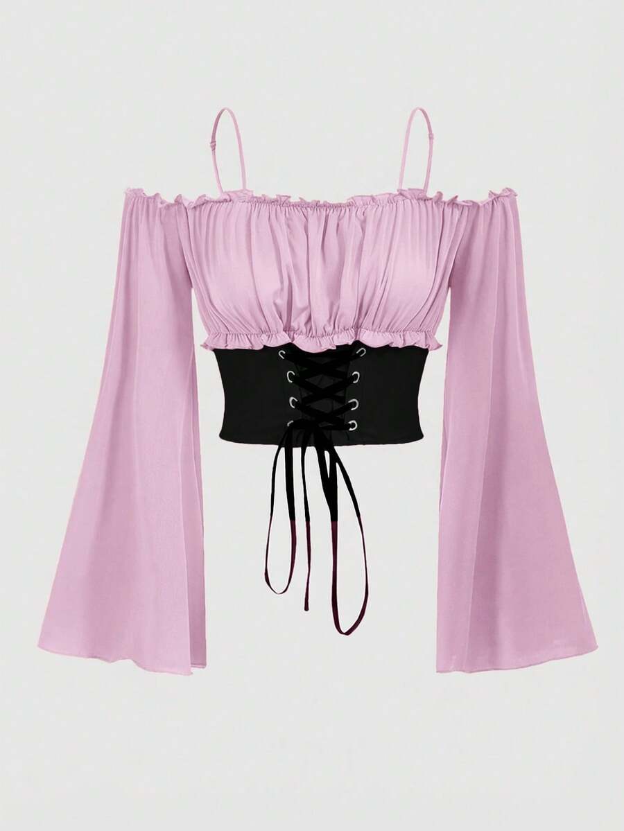 ROMWE Fairycore 女士露肩荷叶边系带时尚百搭休闲上衣 - 彩色 - 查看 1