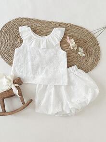 SHEIN Baby Girls Collared Shirt With Strawberry All-Over Print, Elastic Cuff, Ruffle Waist Skirt Set