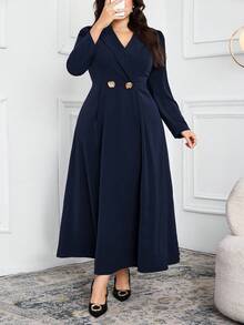 Modelyn Đầm công sở hai hàng cúc màu trơn thanh lịch cỡ lớn - Màu xanh hải quân - Xem 1