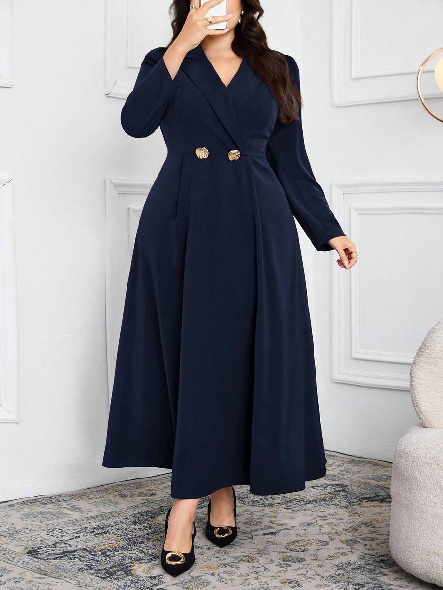 Modelyn Đầm công sở hai hàng cúc màu trơn thanh lịch cỡ lớn - Màu xanh hải quân - Xem 1