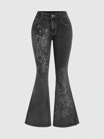 Grunge Punk Damen Retro Grunge Vintage Kreuz- und Rankenmuster Tief Taillierte Sexy Schlagjeans