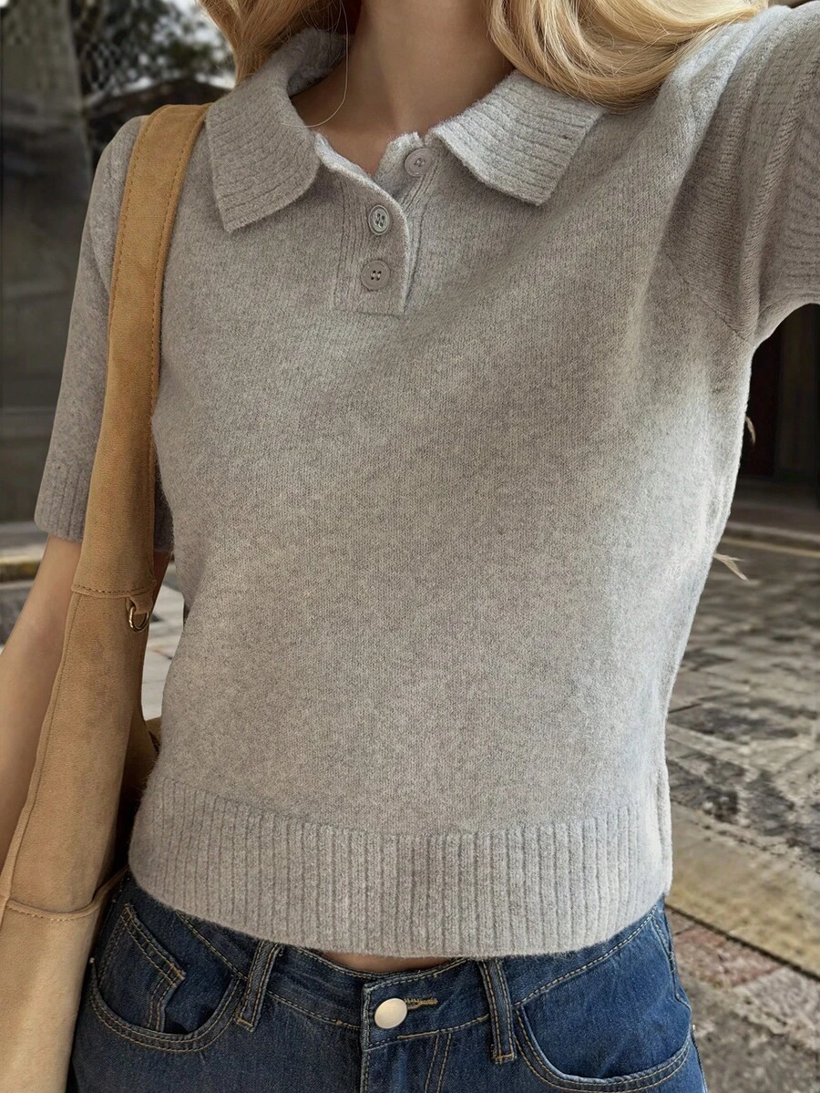 Livesso 女士休闲针织短袖 Polo 衫 - 灰色 - 查看 1