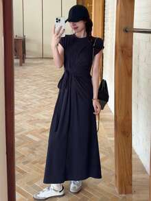 Livesso Women's Short Sleeve Cotton Round Neck Cinched Waist Midi Dress - Navy Blue - View 4