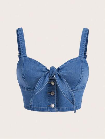 SHEIN SXY Áo hai dây denim ôm sát người dành cho nữ cỡ lớn với dây thun co giãn thắt nơ, thích hợp cho mùa hè.