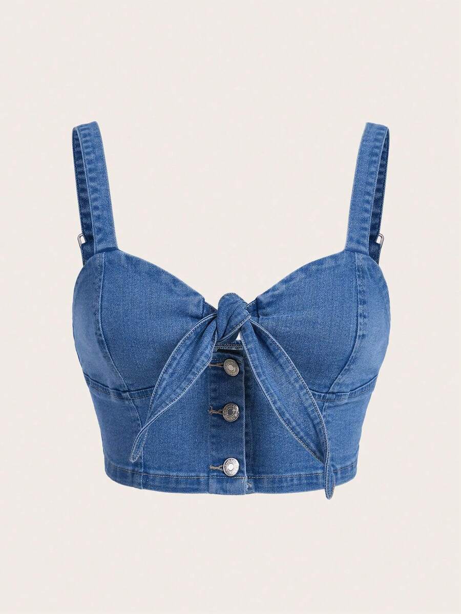 SHEIN SXY Áo hai dây denim ôm sát người dành cho nữ cỡ lớn với dây thun co giãn thắt nơ, thích hợp cho mùa hè. - Rửa trung bình - Xem 1
