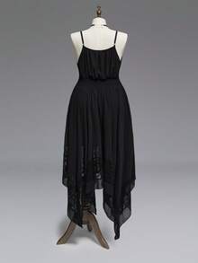 ROMWE Đầm maxi Gothic gợi cảm, cổ chữ V sâu, tay loe, vạt bất đối xứng, eo ren tương phản. - màu đen - Xem 5
