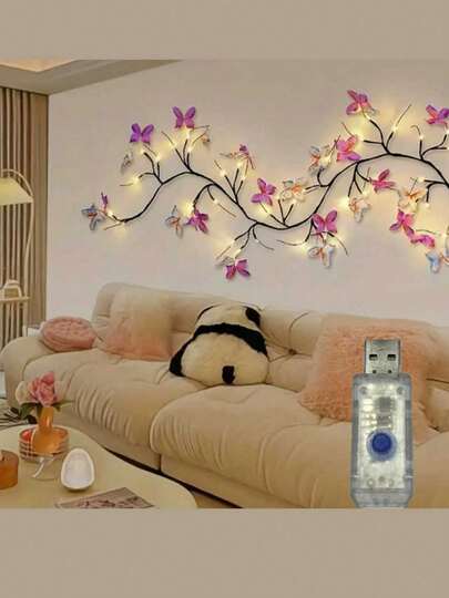 1个蝴蝶灯串，USB供电，蝴蝶灯串 - 家居装饰，浪漫树形设计，童话灯饰，适用于室内外节日装饰（不含电池）
