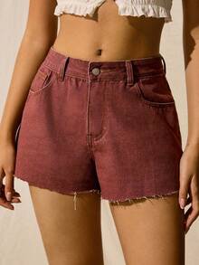 Easelle Quần short denim thô in hình ngôi sao giản dị cho nữ - Gỗ đỏ - Xem 2