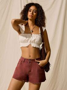 Easelle Quần short denim thô in hình ngôi sao giản dị cho nữ - Gỗ đỏ - Xem 5