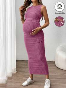 SHEIN 2pcs Maternity Solid Ribbed Tank Top And Adjustable Waist Pencil Skirt Casual Set - Pink - View 5