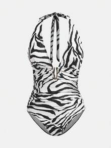 Maija Women's Vacation Beach Zebra Print Backless Halter One-Piece Swimsuit - Black - View 1