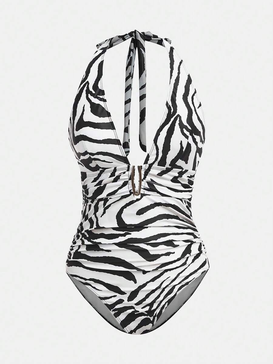 Maija Women's Vacation Beach Zebra Print Backless Halter One-Piece Swimsuit - Black - View 1