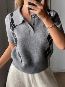 DAZY Áo len nữ dáng rộng mùa thu, cổ bẻ, họa tiết hình thoi. - Xám - Xem 1