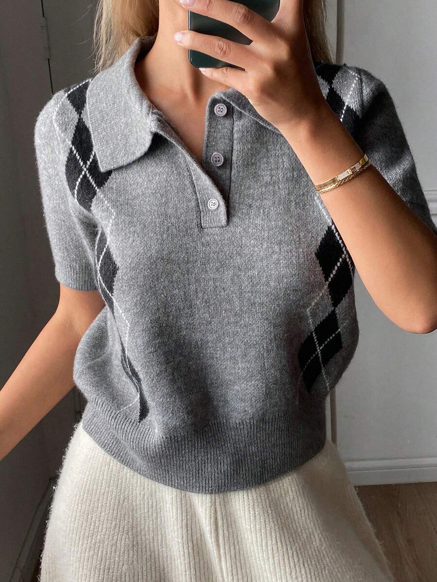 DAZY Áo len nữ dáng rộng mùa thu, cổ bẻ, họa tiết hình thoi. - Xám - Xem 1