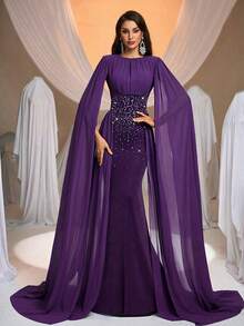Aureia Elegant Women's Purple Maxi Party Dress With Cloak Sleeves And Rhinestone Detail - Purple - View 5