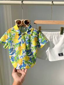 SHEIN 2pcs/Set Baby Boy Summer Casual Beach Holiday Cute Lemon Print Short Sleeve Shirt & Elastic Waist Shorts Set, Summer Vacation Outfit Boy Vacation Outfit Sets Baby Boy Beach Shirts Baby Hawaiian Shirt Toddler Boy Tropical Outfit Boy Summer Outfit Set - Multicolor - View 3