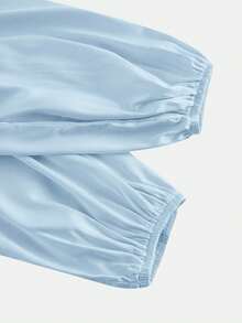 SHEIN MOD Plus Size Women's Black Wrap-Style Tie Bow Lantern Sleeve Shirt Silk Blouse Wrap Tops For Women Baby Blue Top Women Light Blue Top Light Blue Blouse - Baby Blue - View 4