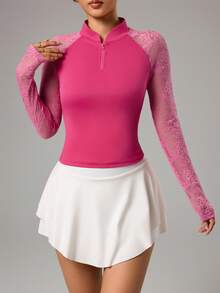 CourtClass Women's Contrast Lace Raglan Sleeve Zip-Up Golf Polo Shirt - Hot Pink - View 3