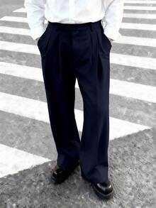 Manfinity Hypemode Men's Casual Pants With Press Crease And Slant Pockets, Young American Style Navy Blue Pants Wide Leg Pants Baggy Pants Dark Blue Pants - Navy Blue - View 3