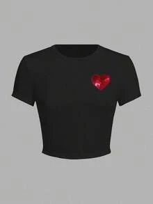 Slaydiva 休闲简约女式露脐T恤/Y2K/夜店/性感/适合夏季/返校/外出/情人节/爱心图案亮片 - 黑色 - 查看 2