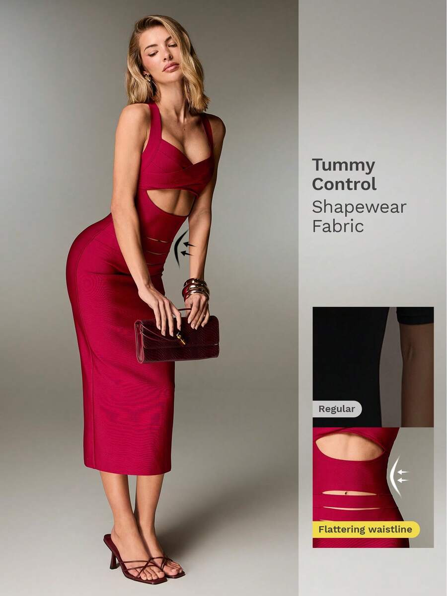 Nuvra 女士纯色腰部镂空修身性感无袖连衣裙 - 酒紅色 - 查看 1