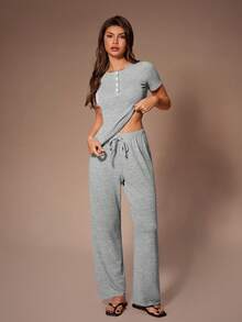 SHEIN European & American Style Fitted Short Sleeve Button-Up Top And Pants Casual Pajama Set - Grey - View 5
