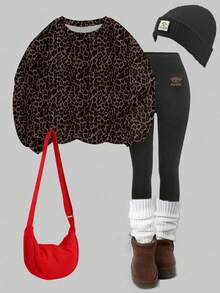 SHEIN EZwear 两件套女士黑色休闲宽松圆领卫衣和豹纹紧身打底裤 - 简约复古街头风，适合运动、健身、滑雪、返校、秋季/冬季穿着 - 棕色 - 查看 7