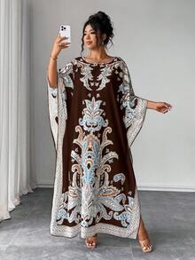 Elenzga Đầm dáng rộng in họa tiết tay cánh dơi cổ tròn cỡ lớn, thích hợp cho kỳ nghỉ và các buổi tụ họp, phù hợp cho người có thân hình mũm mĩm. - màu nâu - Xem 7