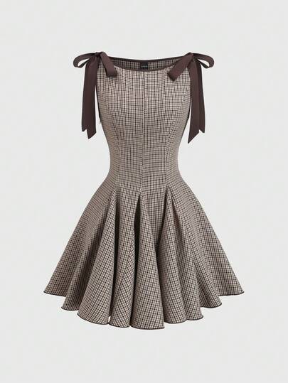 Sweetra Retro French Style Plaid Collar Bow Tie Waist Slimming Lightweight Ballet Dress, Brown, For Women, Spring/Summer Outdoor/Date