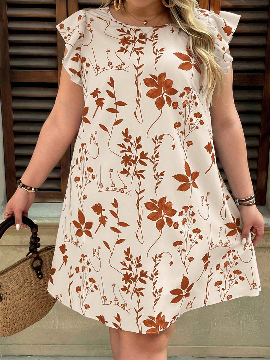 SHEIN VCAY Plus Size Women Floral Print Round Neck Casual Swing Dress - Apricot - View 1