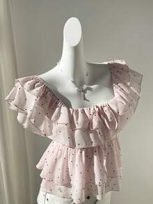 Elamini Women's Chiffon Polka Dot Cap Sleeve Off Shoulder Ruffle Hem Romantic Vacation Blouse - Multicolor - View 4