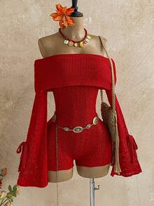 Soleia Women's Vacation Beach Solid Color Off-Shoulder Hollow-Out Knitted Romper  New Year Dress Elegant Dresses For Party Red Dress  Elegant Dresses For Party Red Dress For Women Sweater - Red - View 3