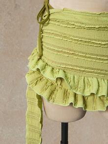 Bellisia Women's Summer Beach Solid Color Frill Halter Tie Sexy Bikini Swimwear Set With Cover-Up Skirt - Yellow - View 6
