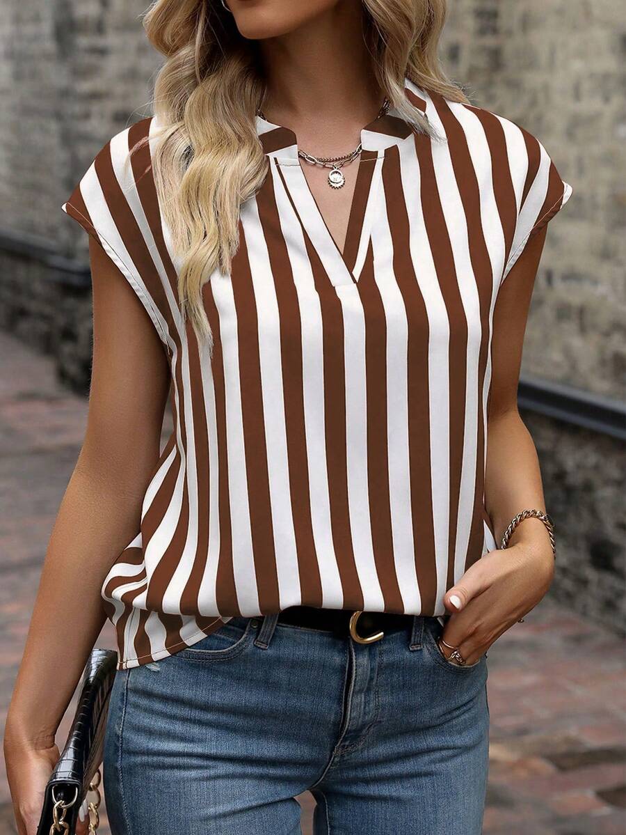 EMERY ROSE Áo sơ mi cổ chữ V kẻ sọc mùa hè, thích hợp mặc đi làm/thường ngày. - màu nâu - Xem 1