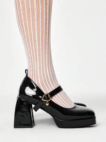 ROMWE Kawaii Vintage Mary Jane Women's Shoes, French Square Toe Leather Pumps, Spring Lacquered Thick Heel Elegant High Heels, Black Valentine's Day - Black - View 4