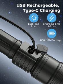 Teckwe High Power Long Range LED Flashlight Tactical Light, LCD Power Display USB Rechargeable Light Telescopic Zoom Torch Camping Lantern, Suitable For Multiple Scenarios - Black - View 5