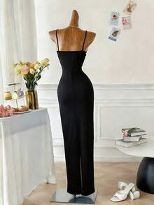 SHEIN VCAY 1 件女士优雅黑色美人鱼风格长款紧身连衣裙