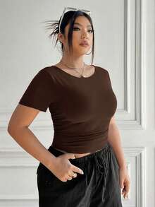 SHEIN EZwear Plus Size Brown Ruched Waist Elastic T-Shirt - Brown - View 11