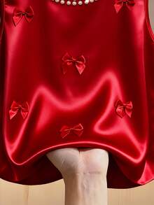 Franclia Women's New Spring/Summer Casual Vintage Style Elegant Commute Vacation Daily Wear Party Party Afternoon Party Round Neck Satin Collar Beaded Faux Pearl Decoration Bow Red Vest With Bow Burgundy Top Vest Round Neck Faux Pearl Decoration Burgundy T-Shirt Birthday Concert Valentine's Day Top Valentine's Day T-Shirt Valentine's Day Shirt Birthday Party - Burgundy - View 5