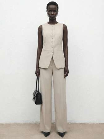 ATUI Studio Women's Solid Color Round Neck Single-Breasted Vest And Pants Elegant Commuter Suit, Summer Fall Women Clothes Women Set Office Wear Business Casual Women Two Pieces Outfits Fall Women Office Wear Women Set Women Blazers Set