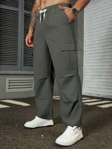 Manfinity Homme Pantalones cargo casuales de unicolor para hombres de talla grande - Gris - Ver 5