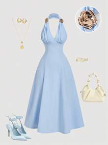 SHEIN MOD 女士金属3D花卉装饰褶皱优雅无袖中长连衣裙 - 淺藍色 - 查看 3